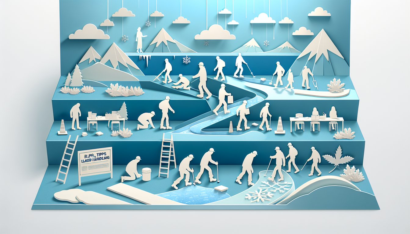 Paper art quiz illustration on fall prevention knowledge and safe load handling on sky blue background.