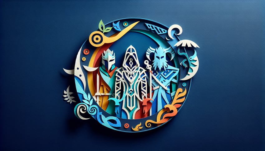 Paper art of Khajiit Altmer and Orc figures on dark blue background for free Elder Scrolls Morrowind race test quiz