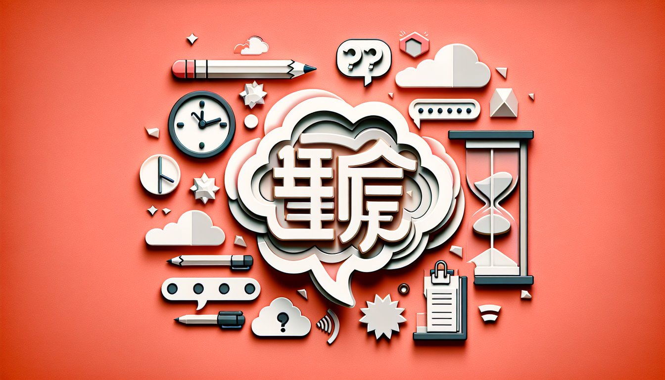 Paper art collage shows name conversion to Japanese characters quiz with brush, scissors, paper layers on coral background