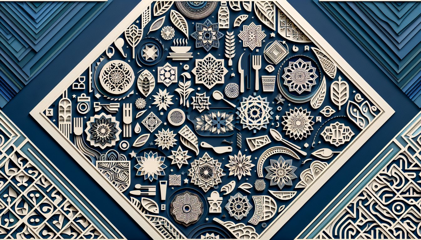 Paper art illustration for a restaurant type personality quiz on a dark blue background