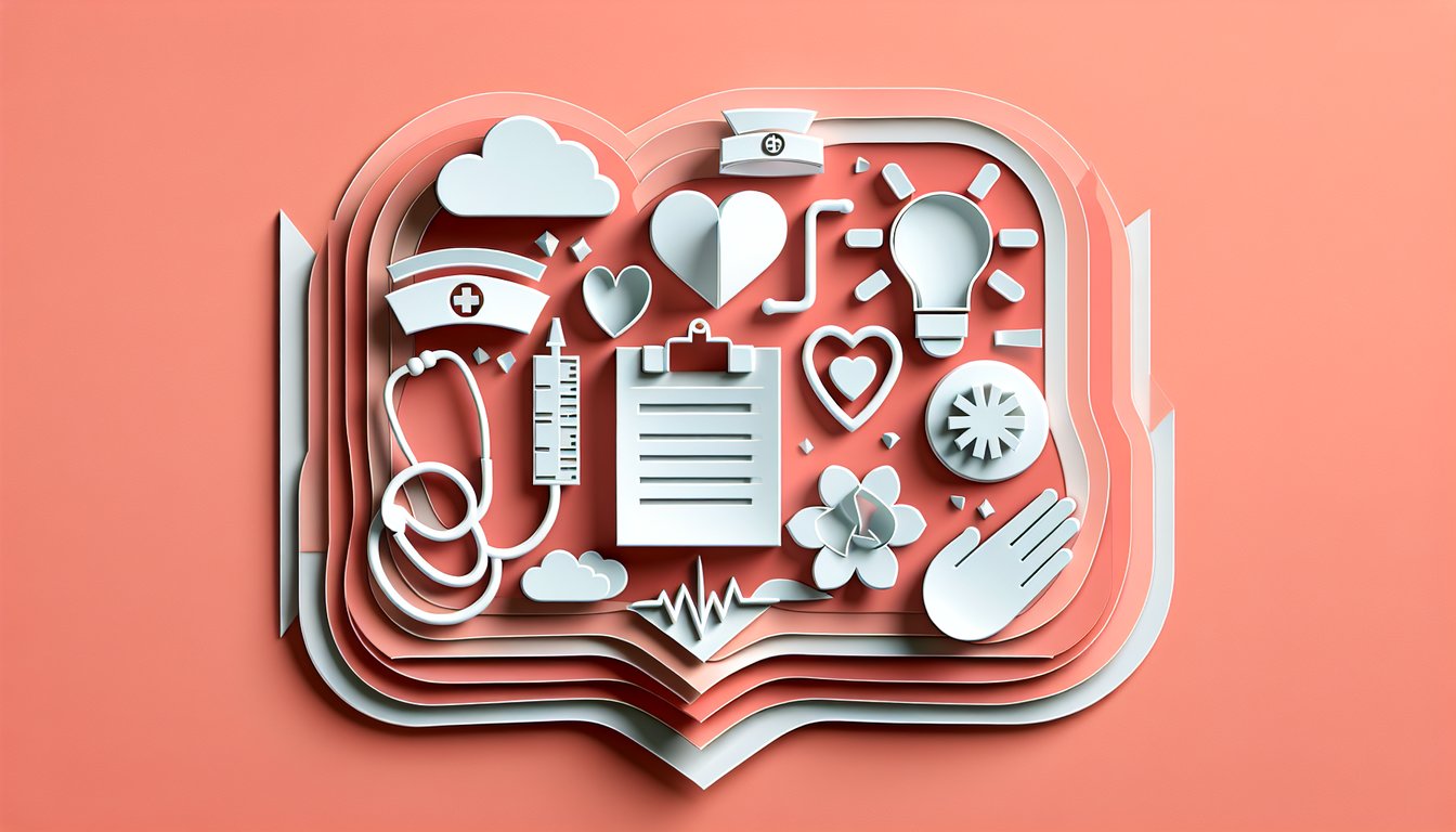 paper stethoscope heart question mark on coral background invites nursing quiz on compassion, critical thinking, dedication