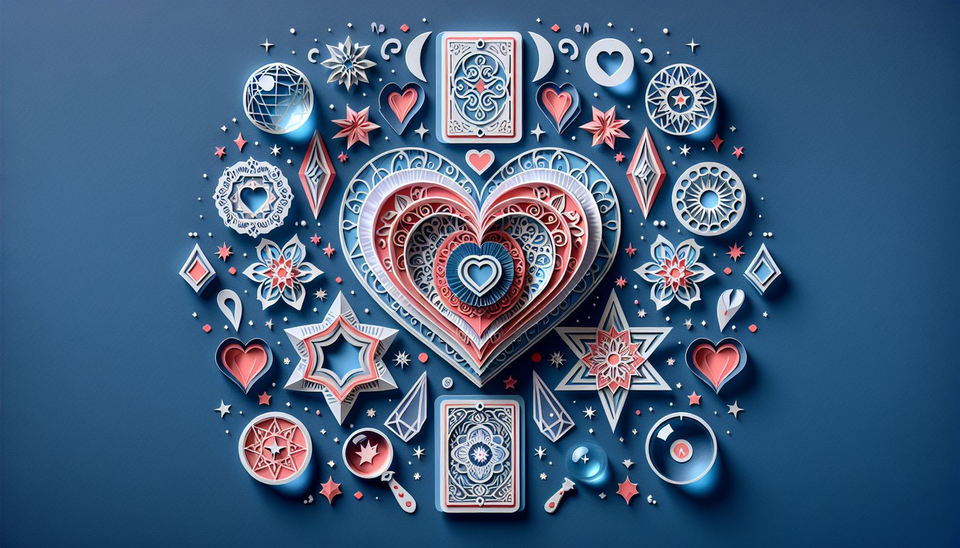 Paper art illustration for a love prediction quiz on a dark blue background
