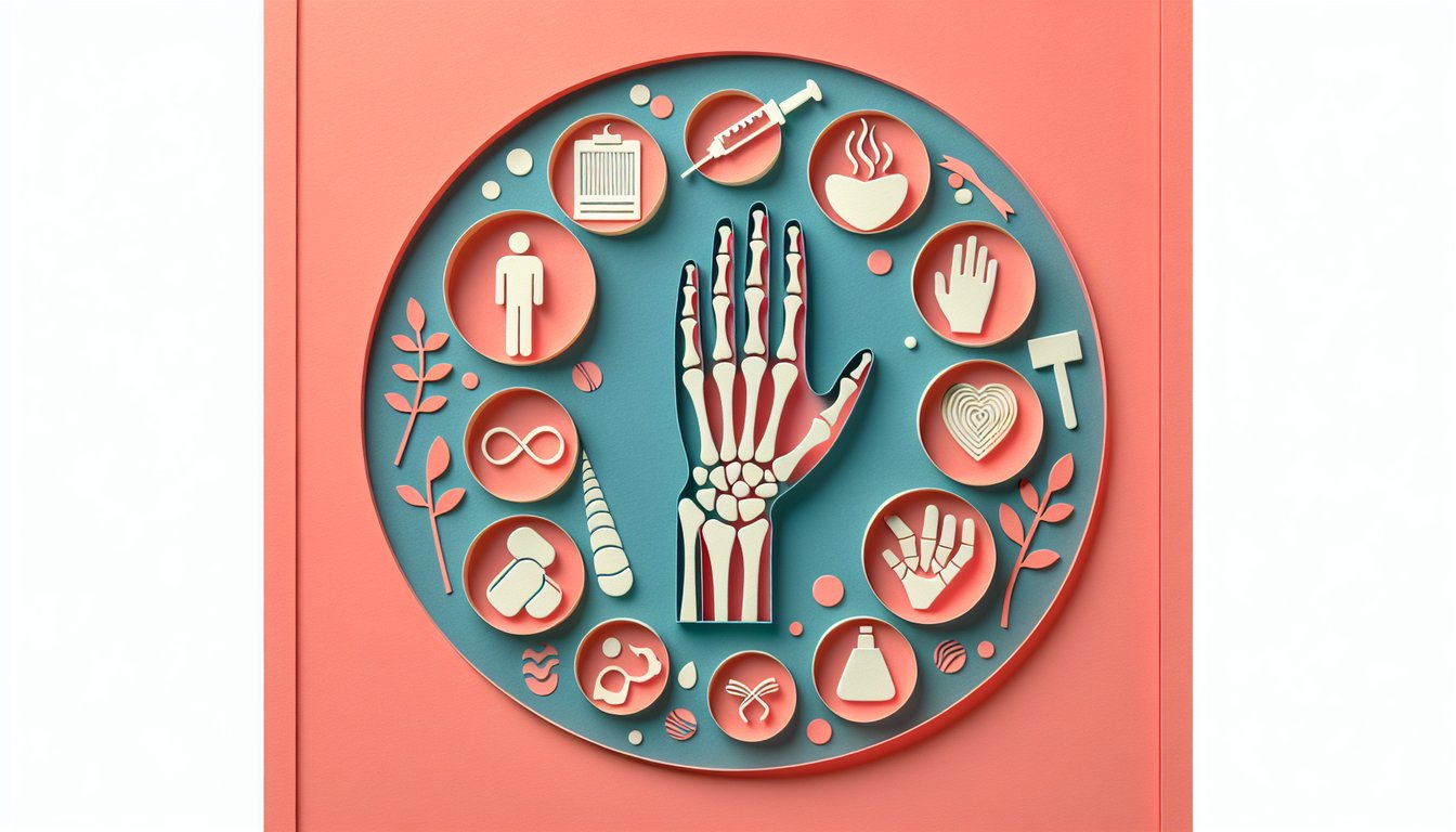 Paper art illustration for rheumatoid arthritis quiz shows joint icons, pills and quiz title on coral background.
