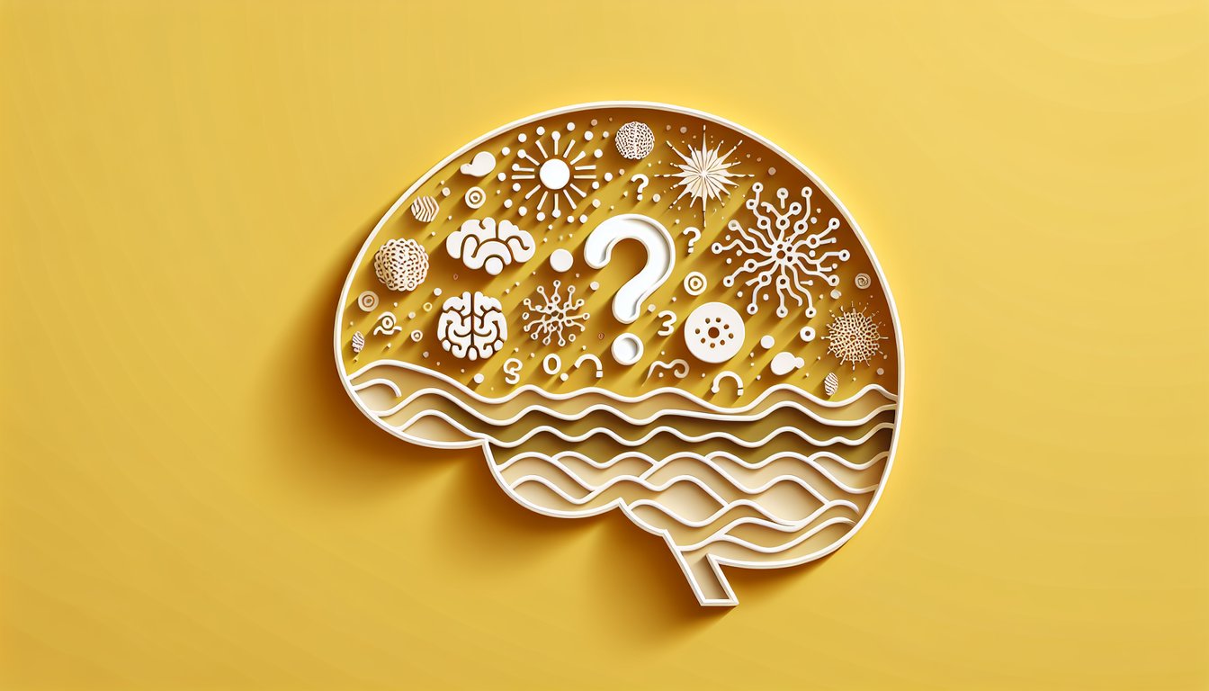 Paper art illustration for cognitive health quiz on a golden yellow background