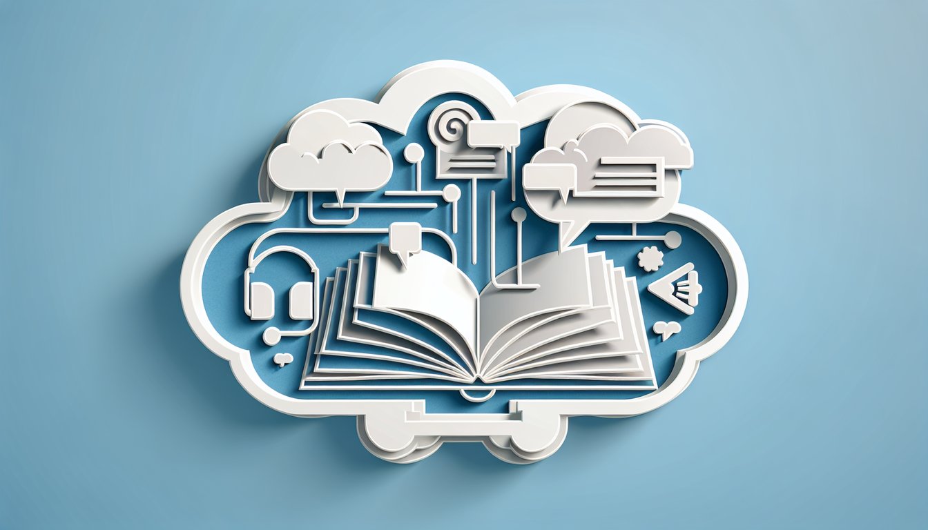 Paper art illustration with speech bubbles slang icons and AAVE quiz text on sky blue background