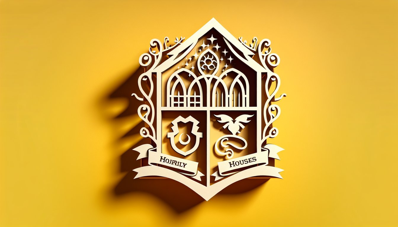 Paper cut illustration of magical castle and house crest icons on golden yellow background for free Ilvermorny house quiz