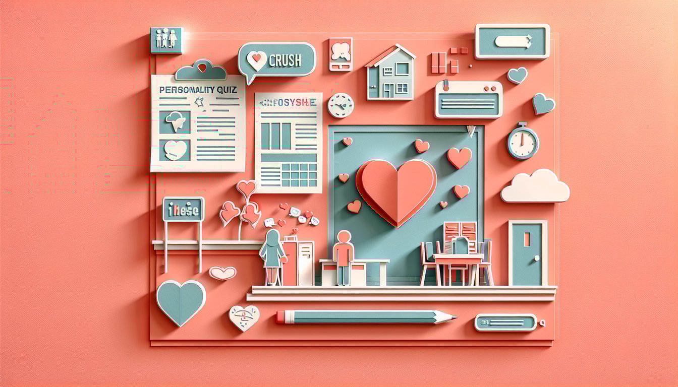 Paper art illustration for a personality quiz about high school crush signals on a coral background