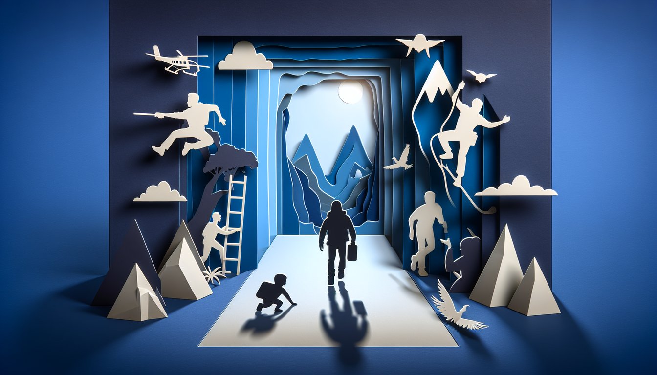 Paper art illustration quiz prompt for Christian Bale alter ego reveal with film reel accents on dark blue background