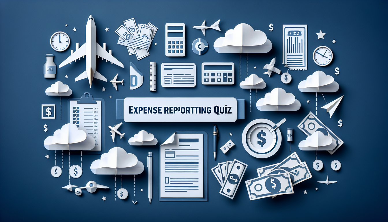 Colorful paper art displaying a pilot, airplane, and quiz elements for a Pilot Expense Reporting Quiz.
