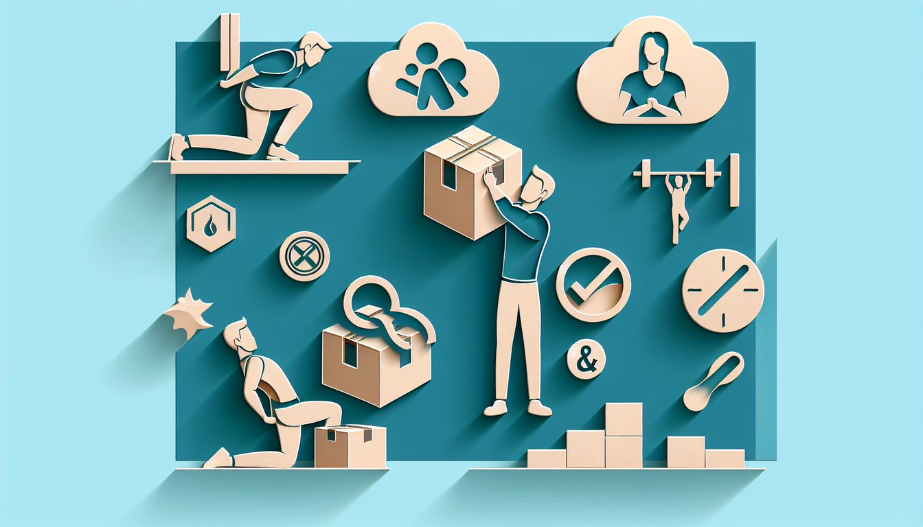 Paper art illustration of person lifting box with proper posture beside quiz text on teal background