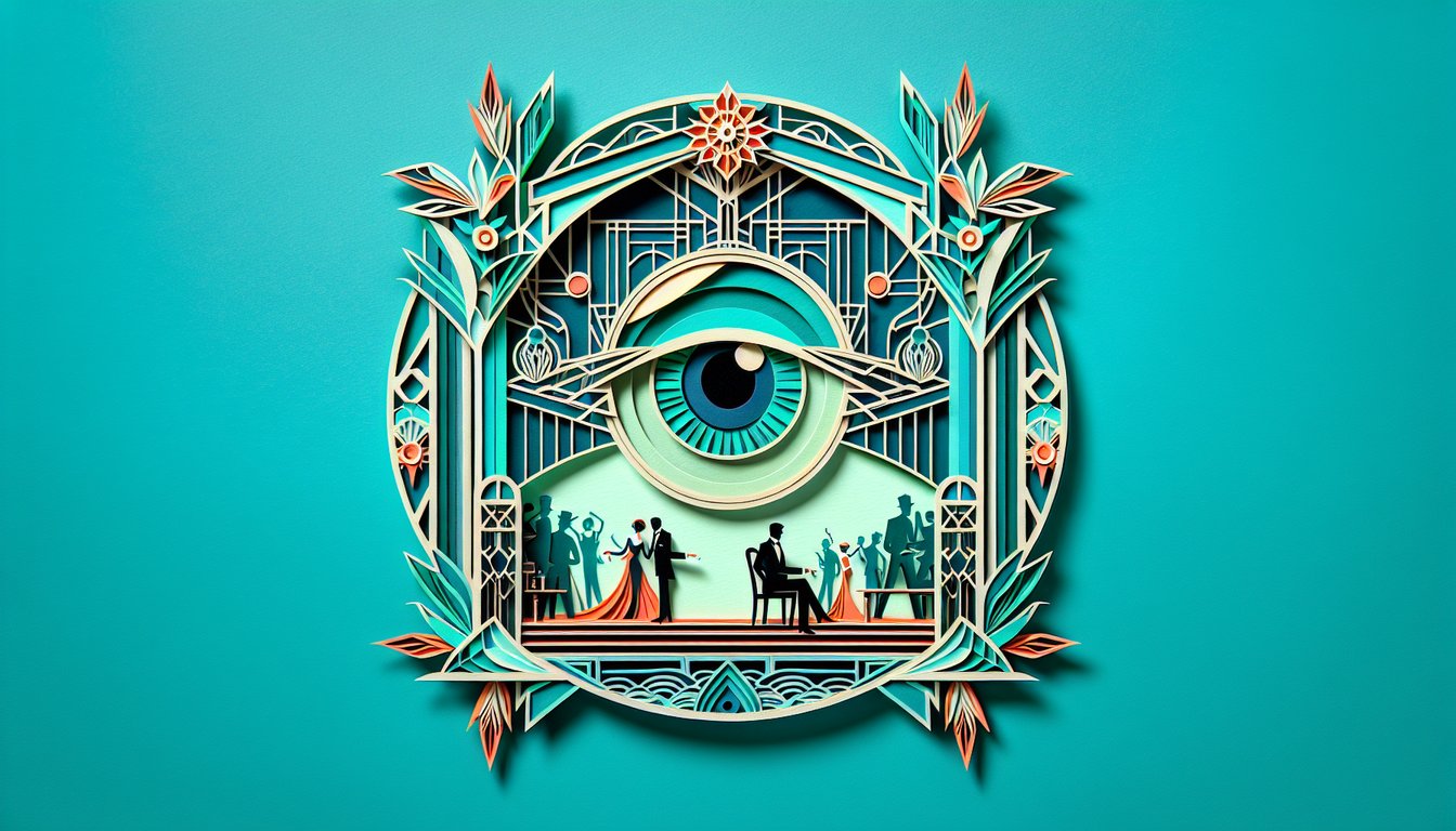 Paper art illustration for quiz on The Great Gatsby Chapter 2 topics on a teal background