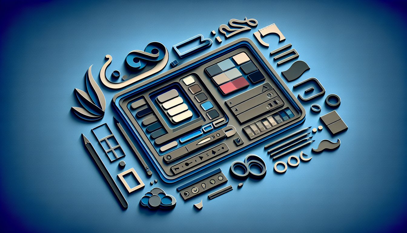 Paper art tools and shapes floating on dark blue backdrop representing an online MS Paint skills quiz