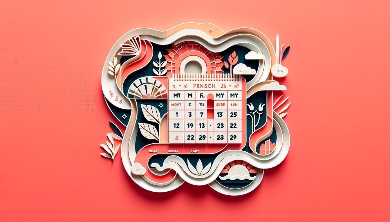 Paper art calendar with French days and months cutout shapes on coral background quiz banner