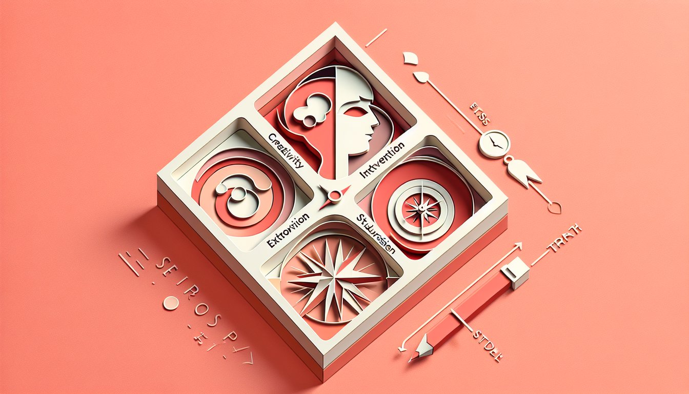Paper art compass layered on coral background with illustrated arrows and labels reflecting personality test themes