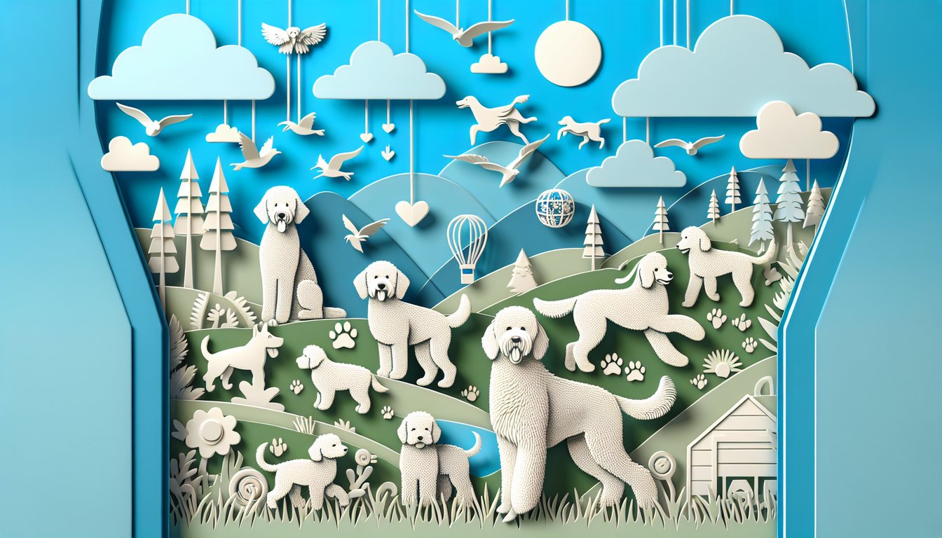 Paper art illustration for Doodle Dog quiz featuring Labradoodle and Goldendoodle on sky blue background.