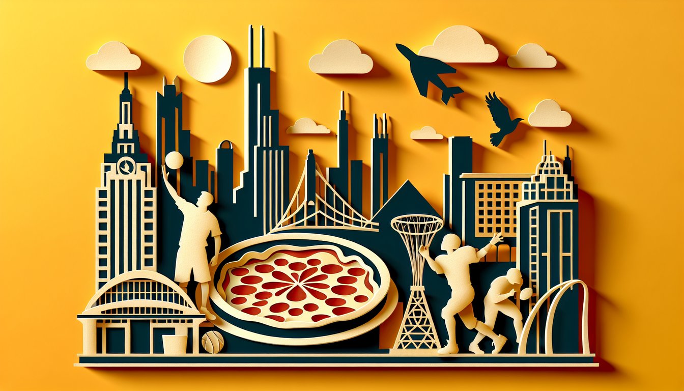 Paper art illustration for Chicago trivia quiz featuring landmarks, deep-dish pizza, sports legends on golden yellow background