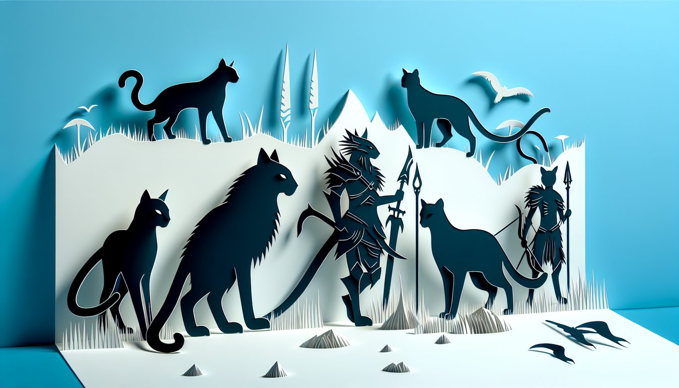 Paper art illustration for a warrior cat name generator quiz on a sky blue background