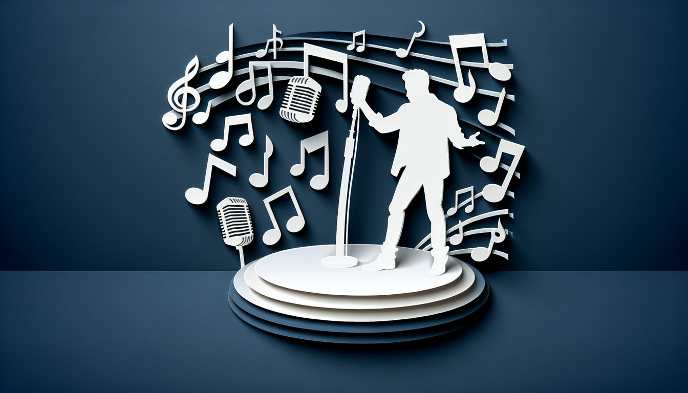 Paper cutout singer silhouette holding microphone next to height chart and quiz title text on dark blue background