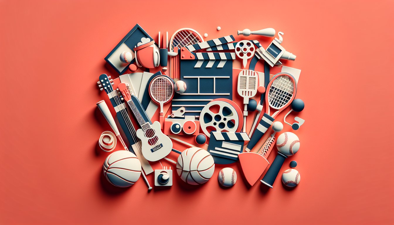 Paper cutout illustration showing quiz theme with music notes film reel sports icons on coral background
