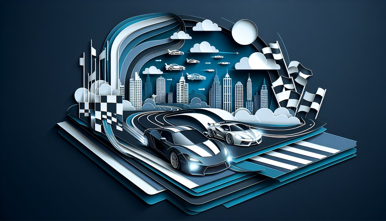 Paper art illustration showing stylized car and character silhouettes for a Fast and Furious quiz on dark blue background.