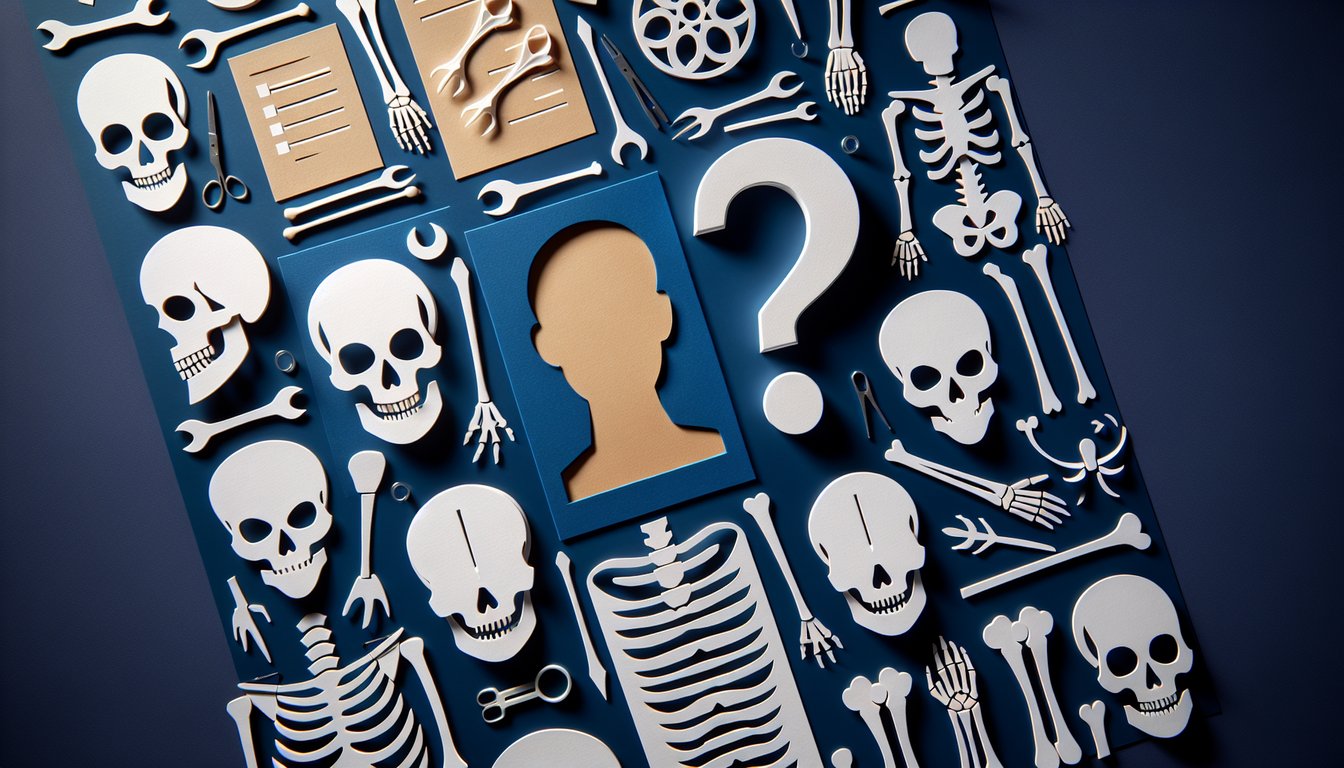 Colorful paper art promoting a trivia quiz about identifying human bones.