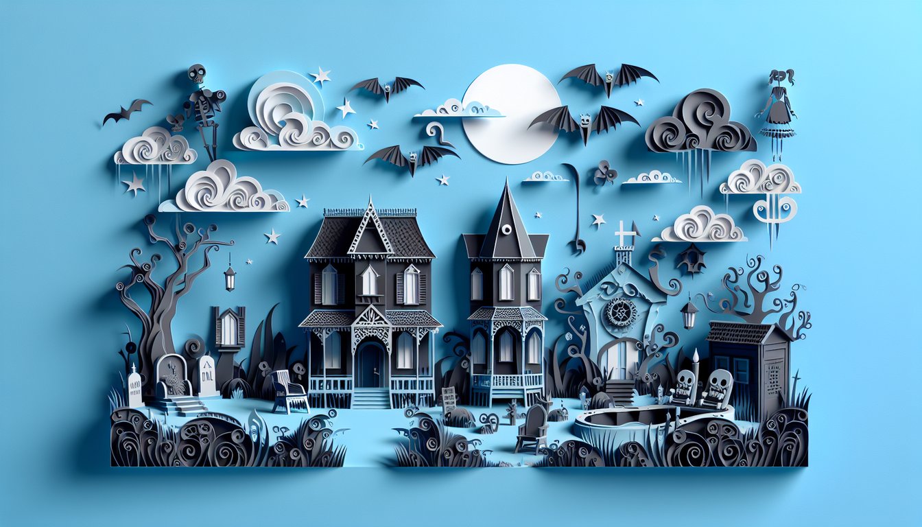 Paper art illustration for Tim Burton trivia quiz on a sky blue background