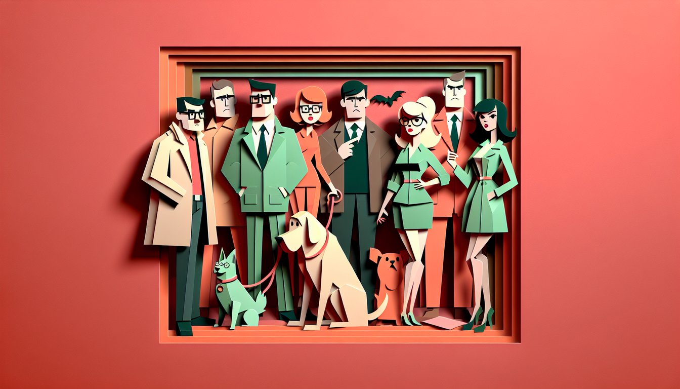 Scooby Doo villains quiz paper art illustration on a coral background