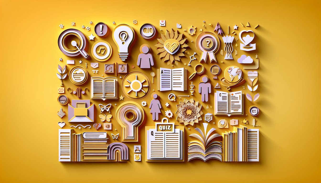 Paper art illustration of rainbow paper shapes forming an LGBT knowledge quiz banner on golden yellow background