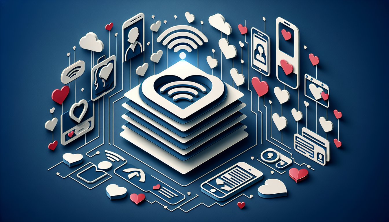 Paper cut style hearts smartphones and chat bubbles on dark blue background for dating app quiz