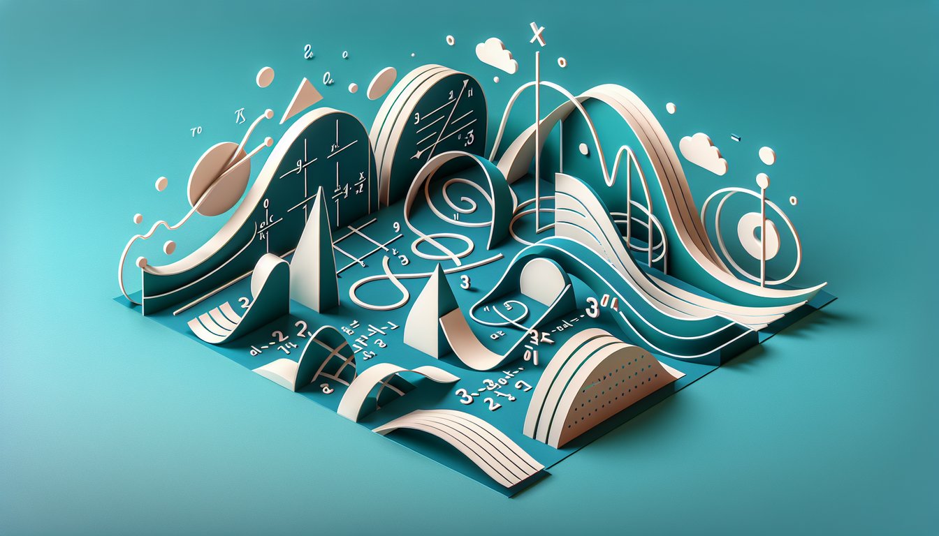 Paper art of algebra graphs on teal background for Algebra2 quiz on quadratic exponential logarithmic and rational functions