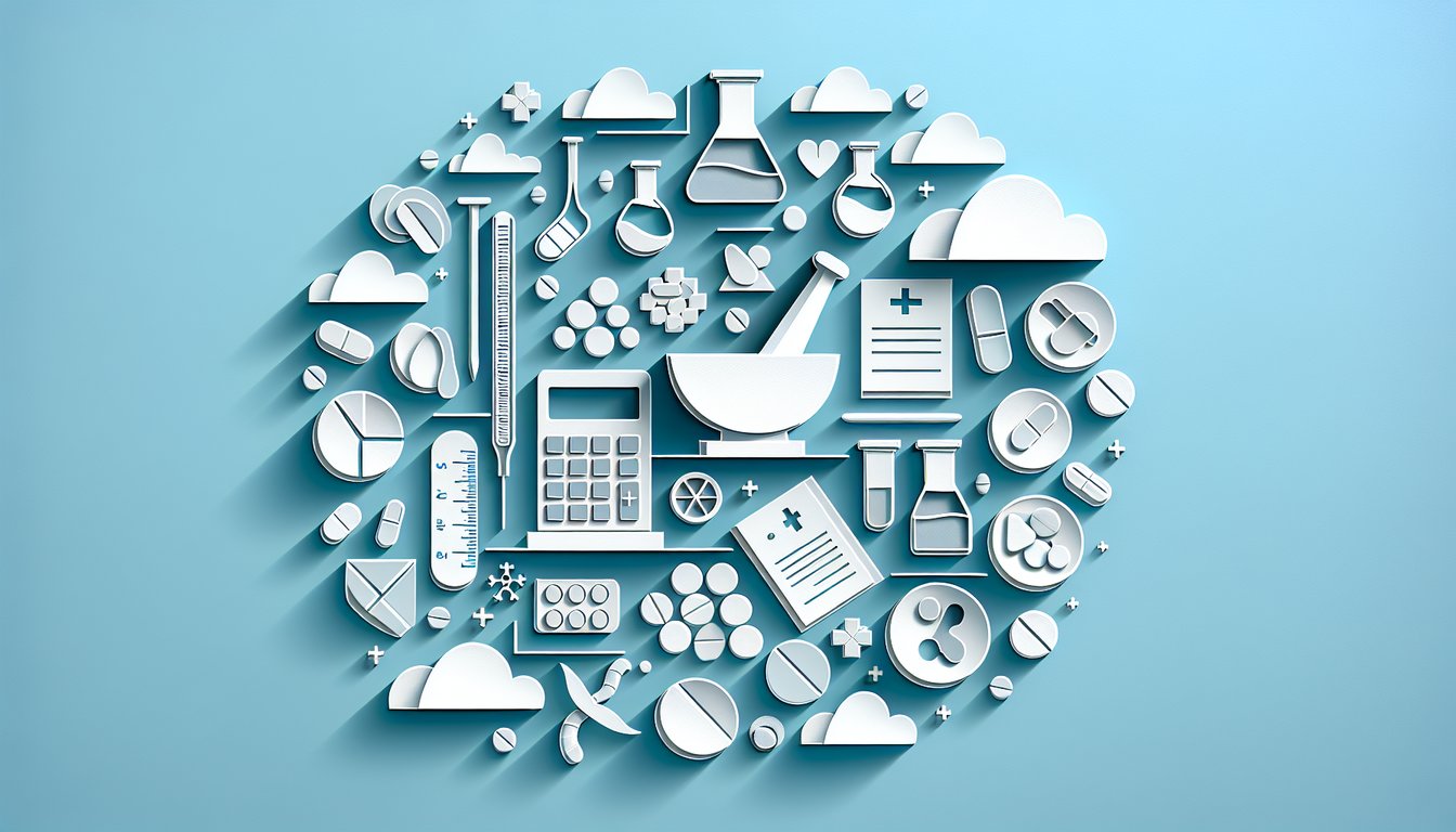 Paper art style showing calculator pills and math equations for pharmacy technician quiz on sky blue background