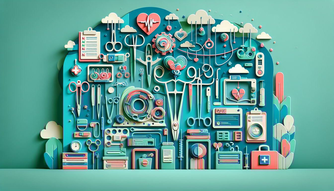 Paper art illustration for CST readiness quiz on surgical tech concepts on a teal background.