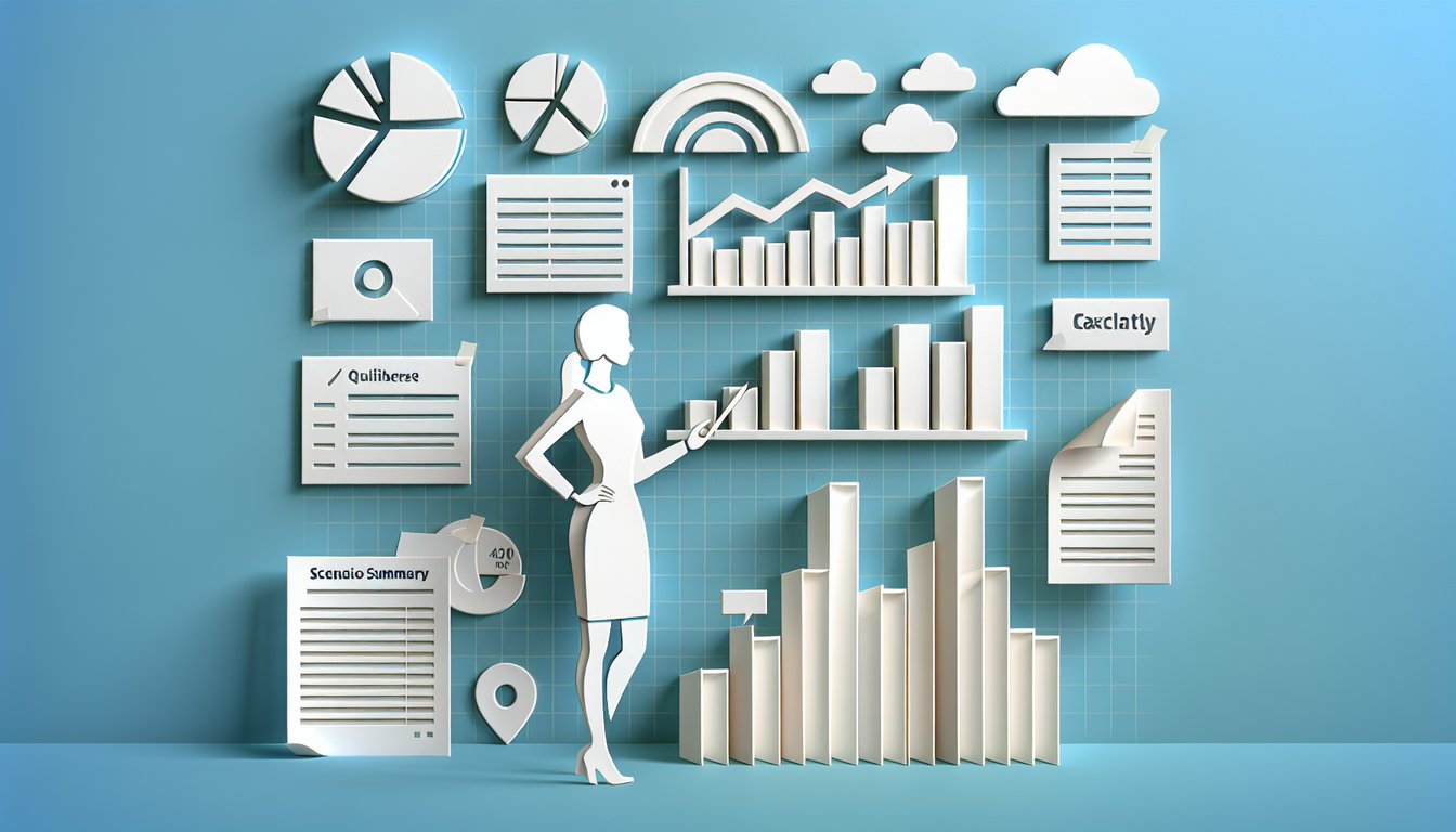 Paper art quiz on Excel scenario summary report with charts and data elements on sky blue background