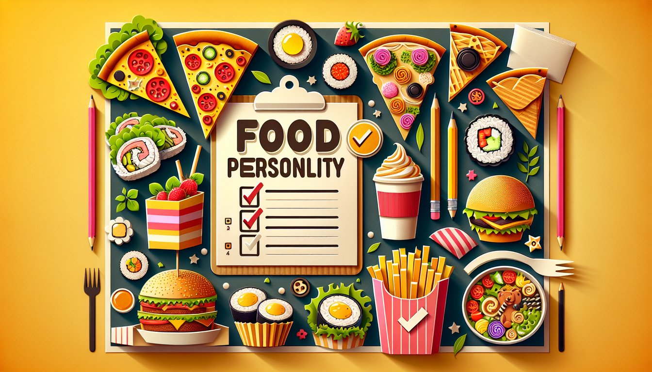 Paper art illustration for a food personality quiz on a golden yellow background
