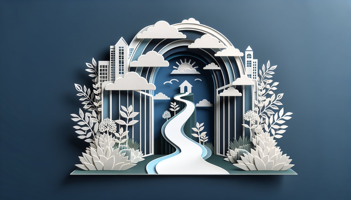 Paper art illustration for a prosperity mindset quiz on a dark blue background