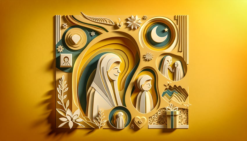 Paper art illustration for a quiz about discovering if your mom is secretly envious on a golden yellow background.