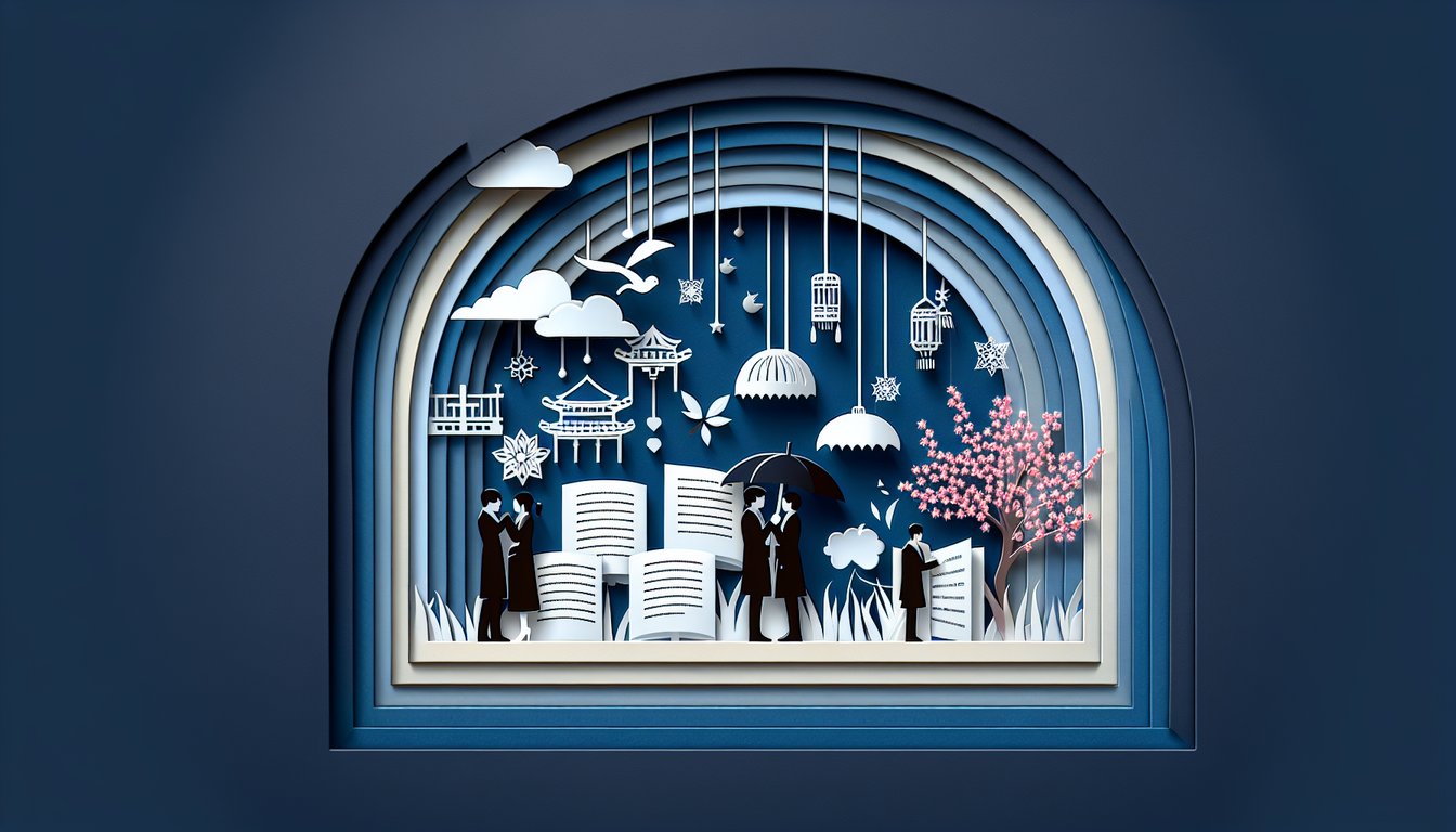 Paper art illustration for a personality quiz to discover your Asian drama character on a dark blue background