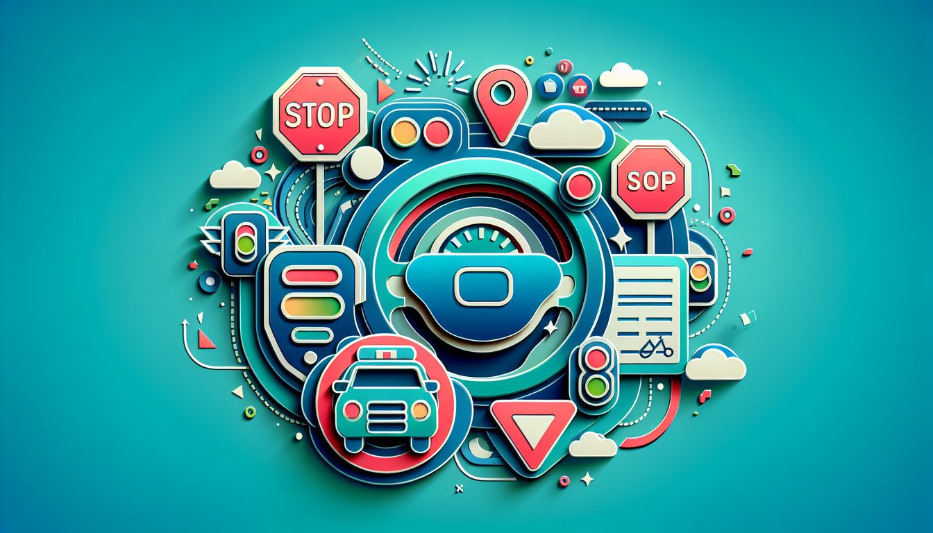 Paper art illustration of traffic signs car pencil and quiz sheet for drivers license practice test on teal background