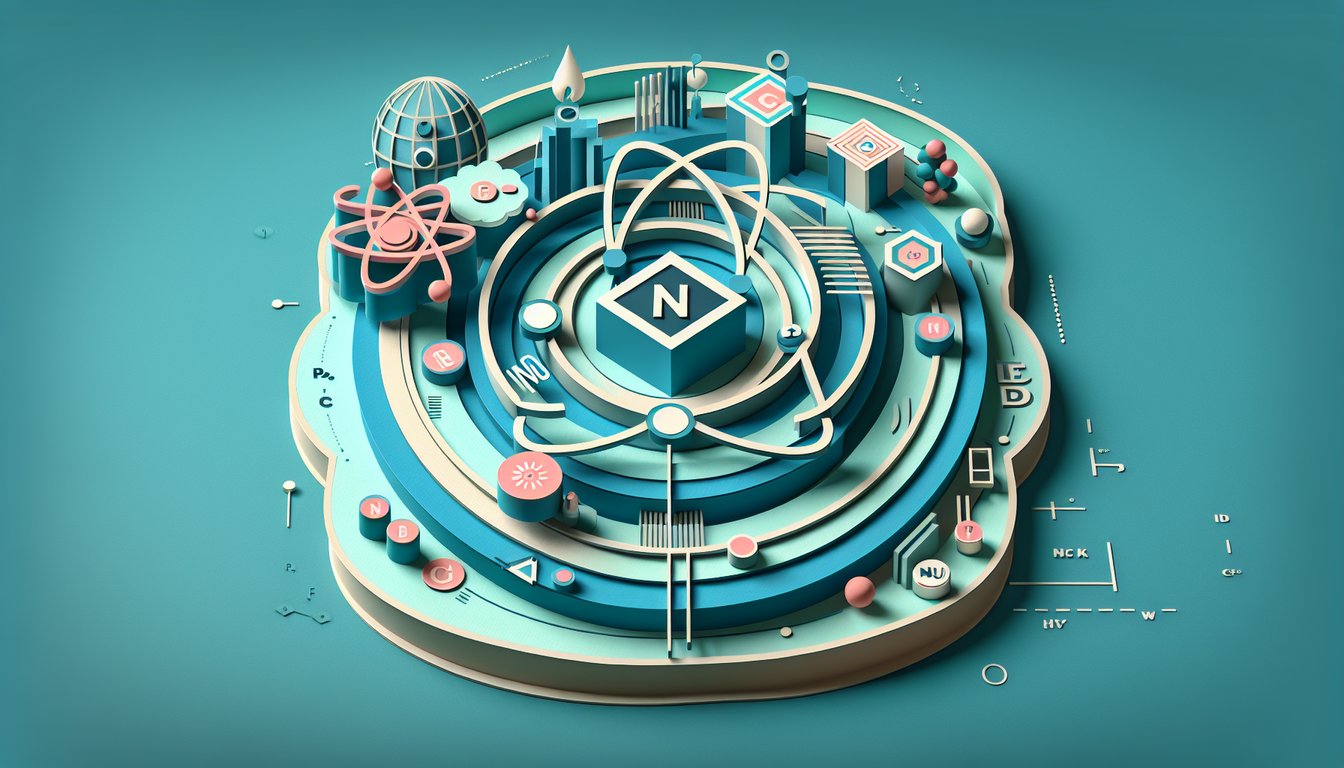 Paper art illustration with chemical element symbols nuclide quiz challenge text on teal background