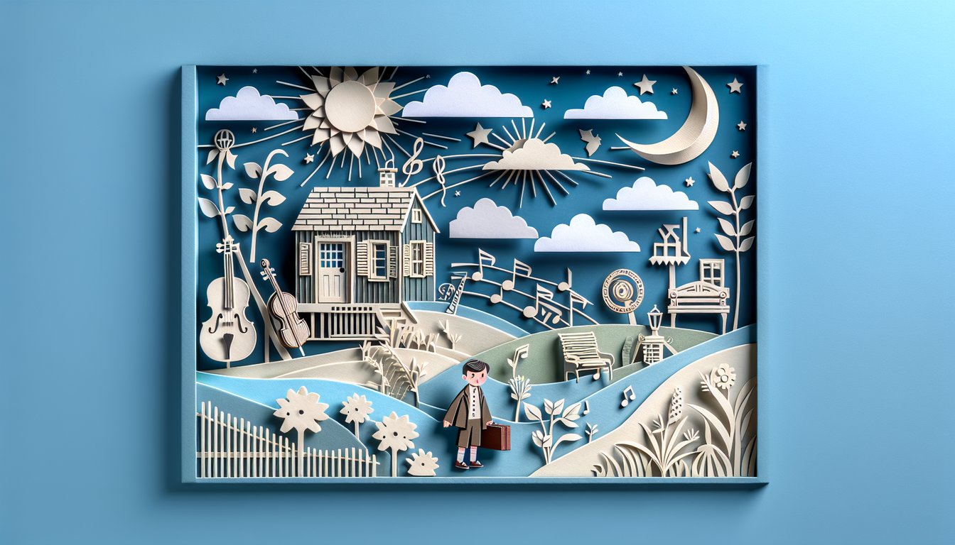 Paper art illustration showing Bud Not Buddy quiz chapters 10-19 on sky blue background with book cutouts