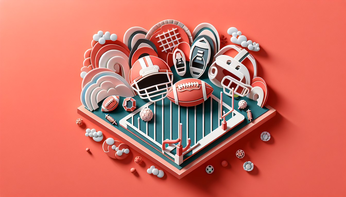 Paper art illustration of football helmet and player cutouts on coral background for NY Giants trivia quiz