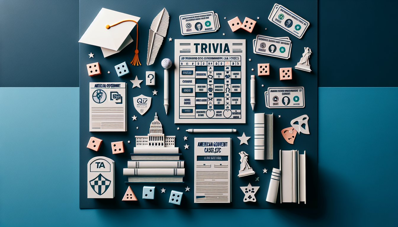Colorful paper art promoting an interactive AP Government trivia quiz for high school students.
