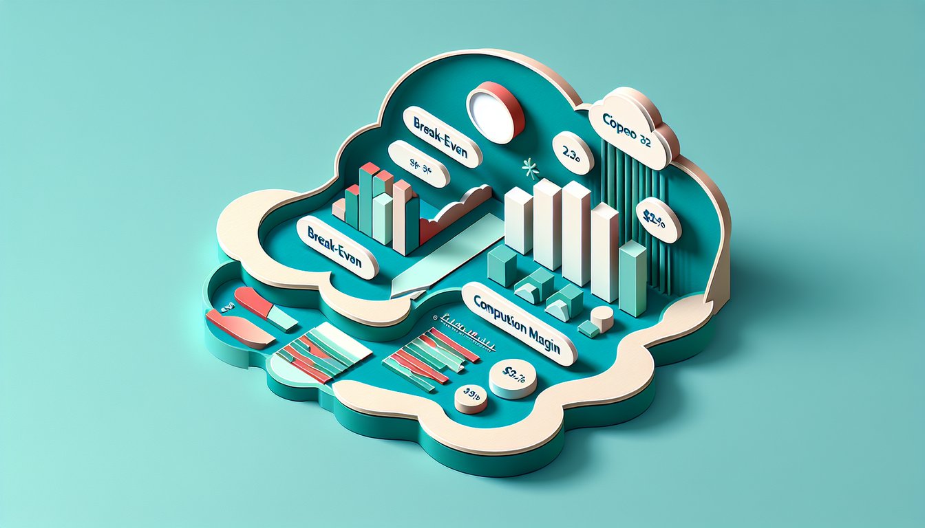 Paper art icons of calculator chart coins and play button for ACCA F5 cost volume profit quiz with teal background