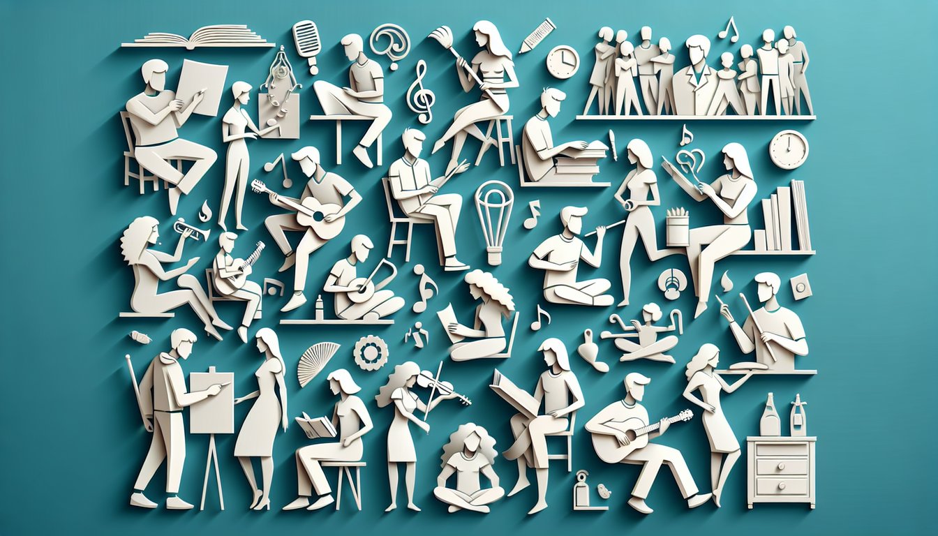 Paper cut shapes of diverse figures in paper layers on teal background representing a tribe quiz.