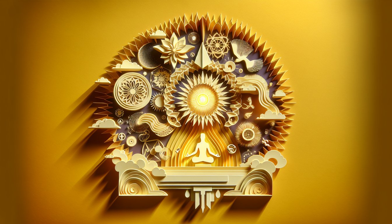 Paper art illustration for a spiritual superpower quiz on a golden yellow background