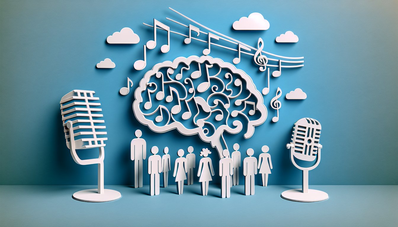 paper art scene with musical notes microphone songbook lyric fragments and quiz icons on sky blue background