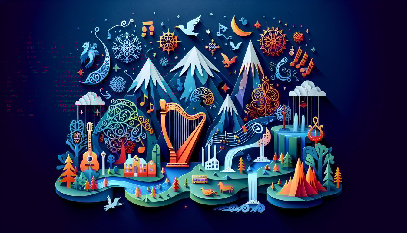 Colorful paper art depicting elements of Icelandic music for a trivia quiz