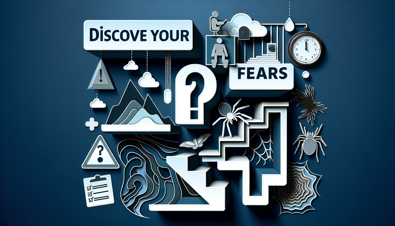 Paper art illustration for phobia test quiz highlighting fears like heights and spiders on dark blue background.