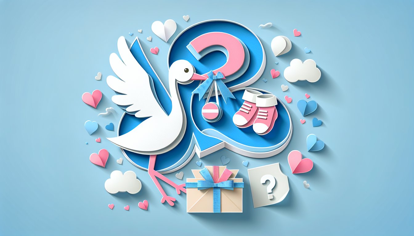 paper cut style illustration of baby gender quiz with boy girl icons hearts confetti on sky blue background