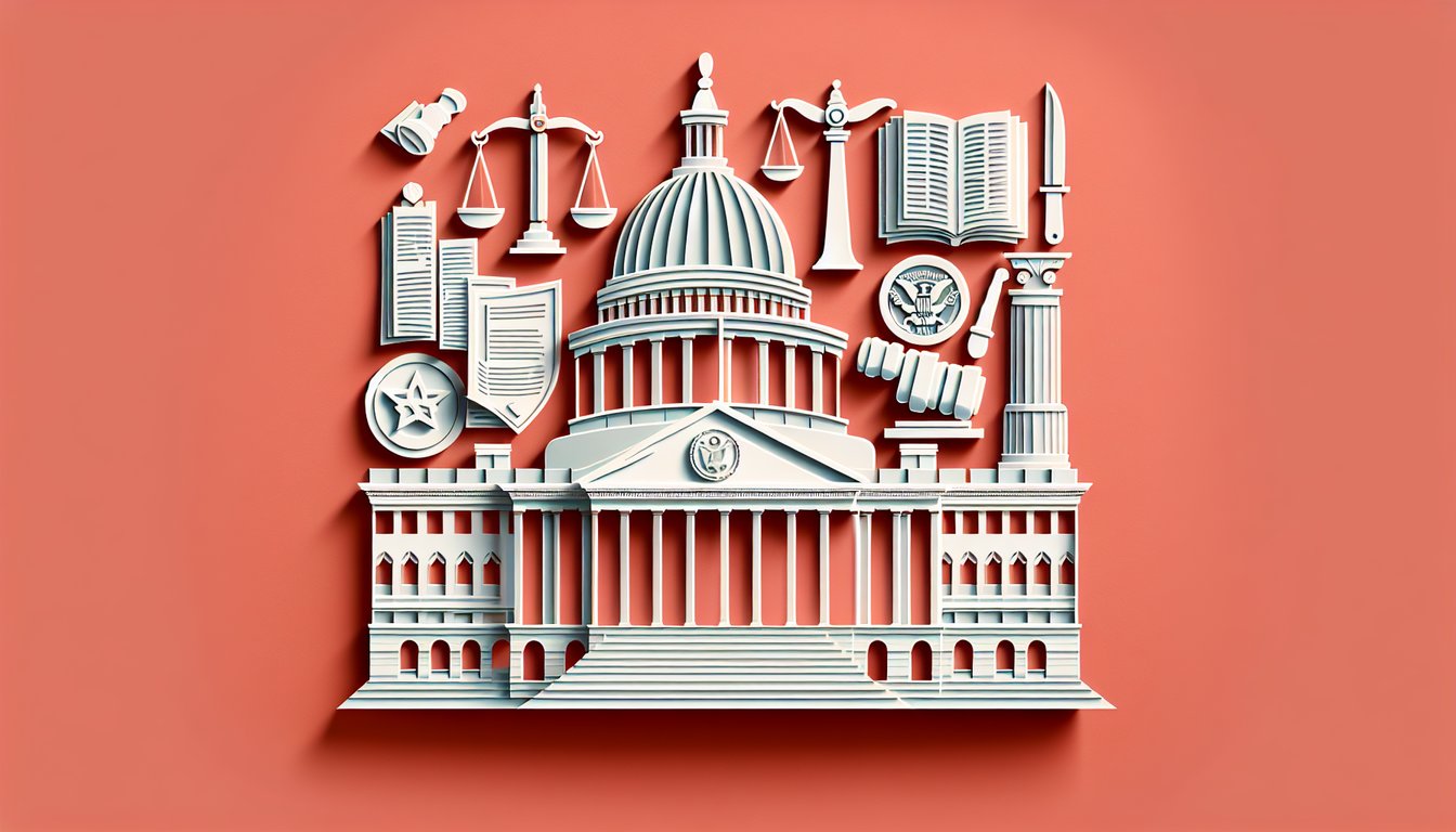 Paper art Capitol dome gavel question mark icons symbolize US Congress Legislative Branch quiz on coral background